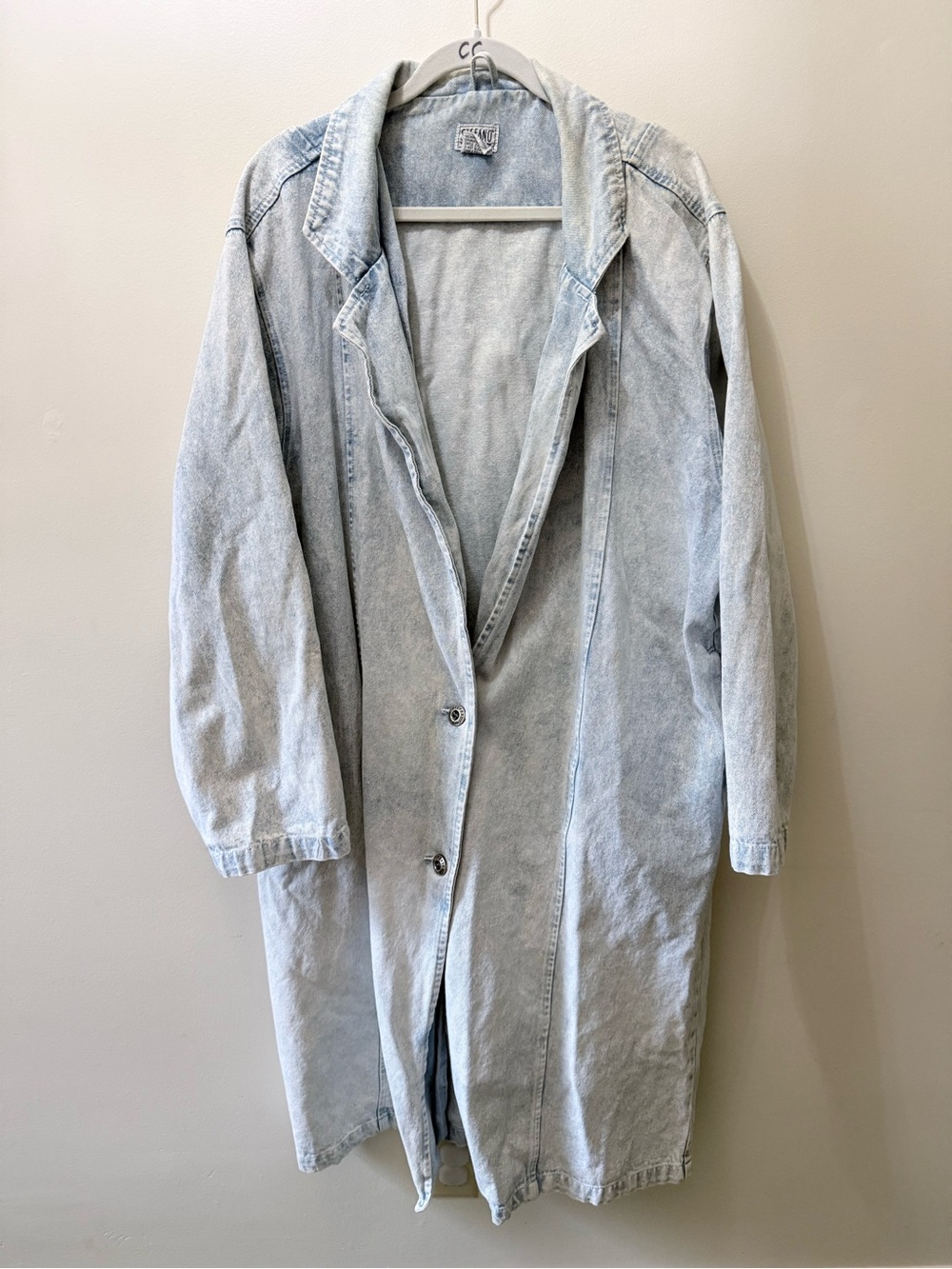 Vintage Stefano Denim Trench Coat Light Acid Wash Long Jean Jacket Grunge 22W